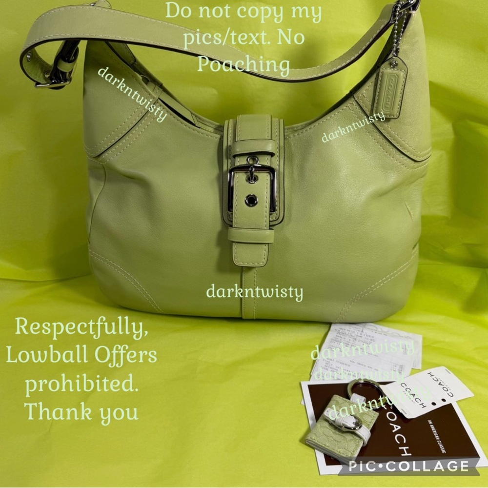 Coach SoHo Green Leather Hobo, loose tags Green pic frame key fob NEW